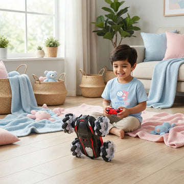Living room scene with a kid using a battery operated remote stunt car