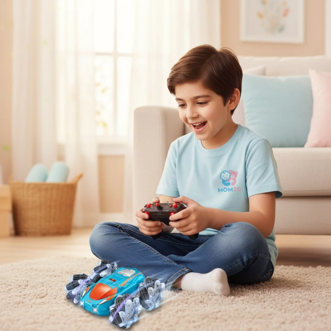 Lifestyle indoor shot of a child playing with a double-side stunt RC car