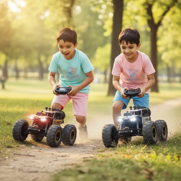 “Boy playing with Momzo 4WD stunt RC car outdoor”