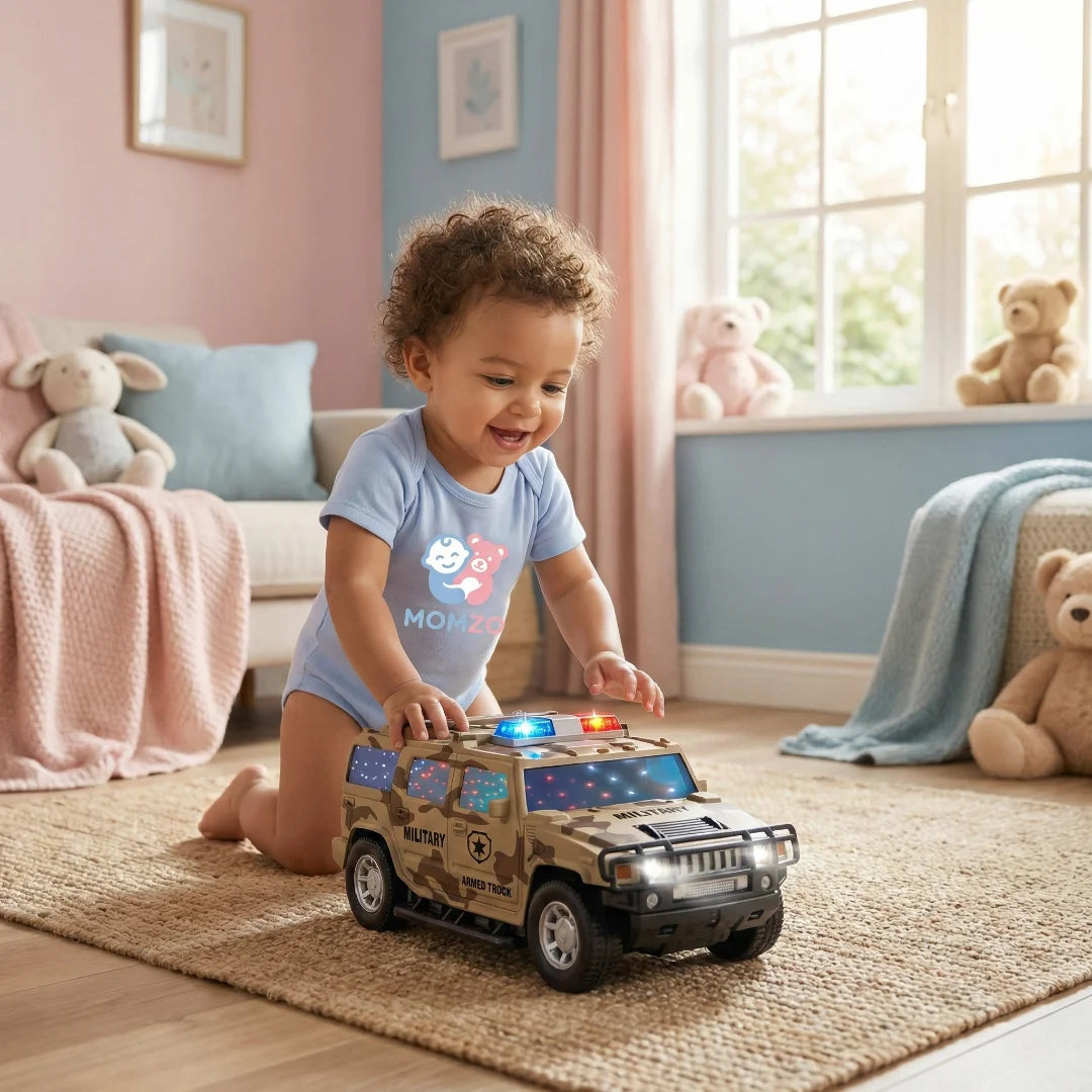 Electric Army Cash Truck – Omni-Directional Military Vehicle with Lights & Music for Kids