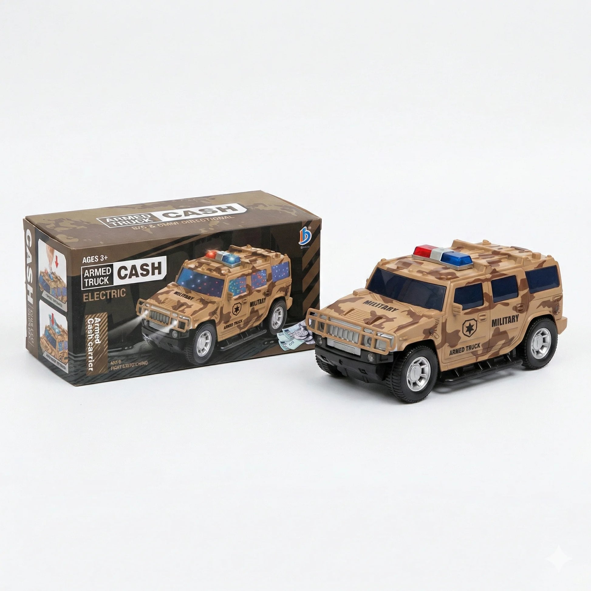 Electric Army Cash Truck – Omni-Directional Military Vehicle with Lights & Music for Kids