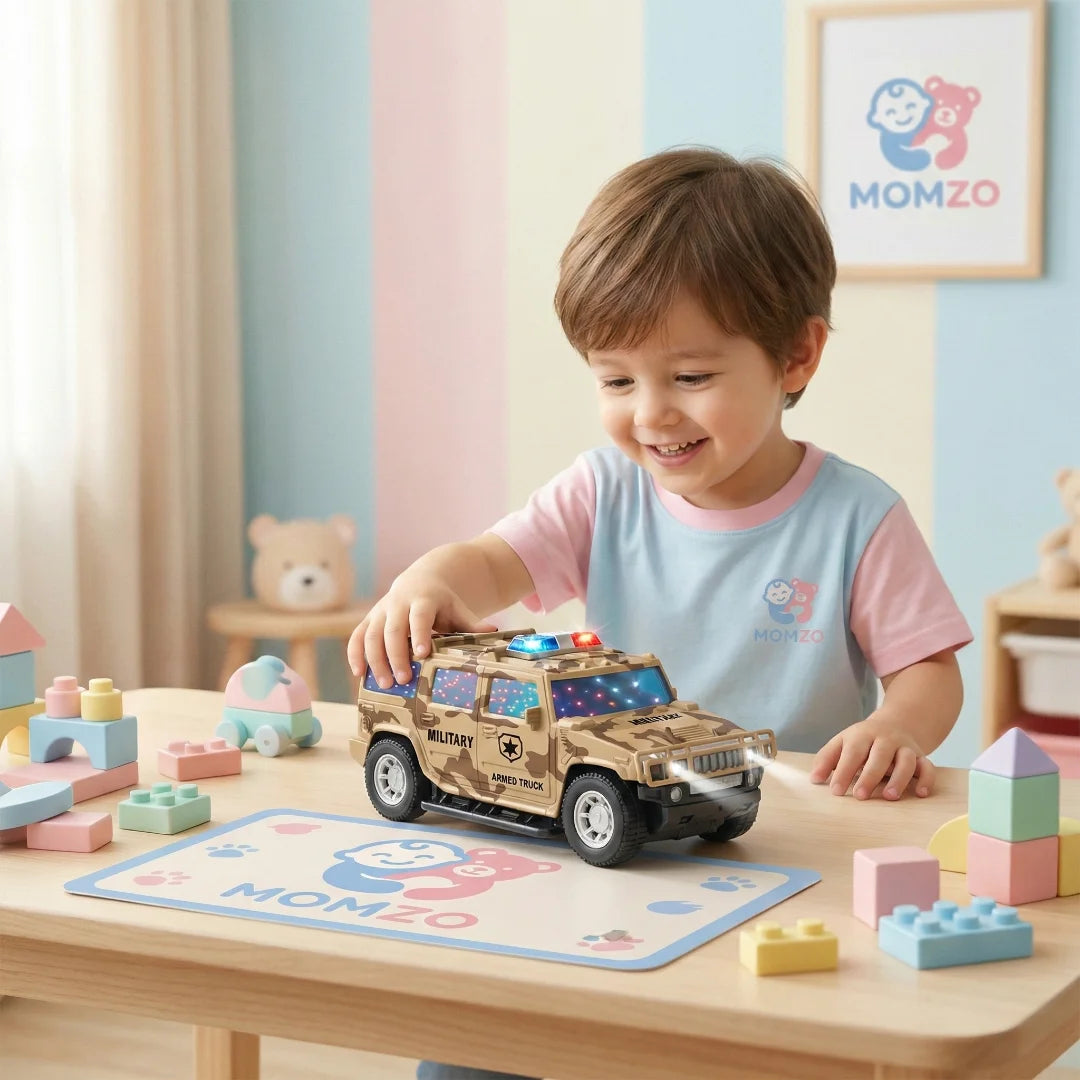 Electric Army Cash Truck – Omni-Directional Military Vehicle with Lights & Music for Kids