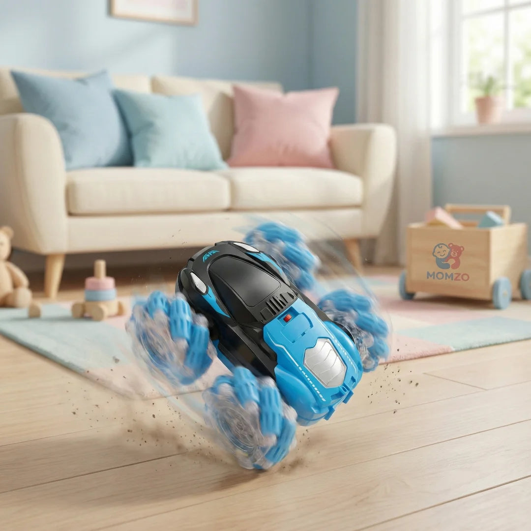 RC stunt car doing a flip / roll on floor, blurred motion