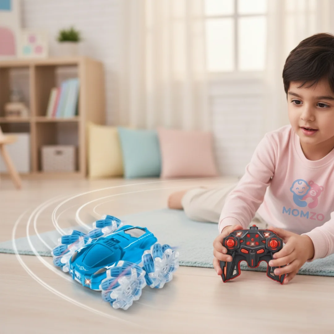 kid bonding while operating drift stunt RC ca