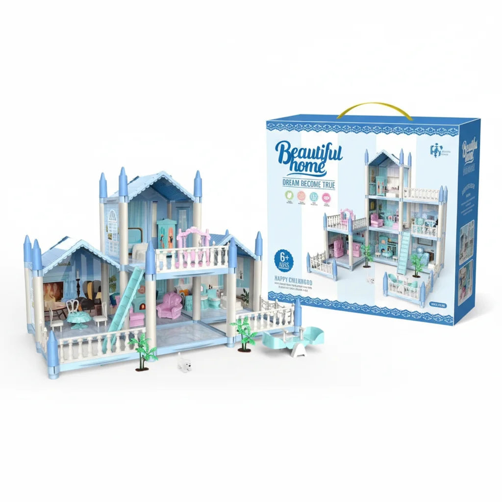 Beautiful Doll House Playset for Girls — Multi-Floor Miniature Doll Home with Furniture & Accessories