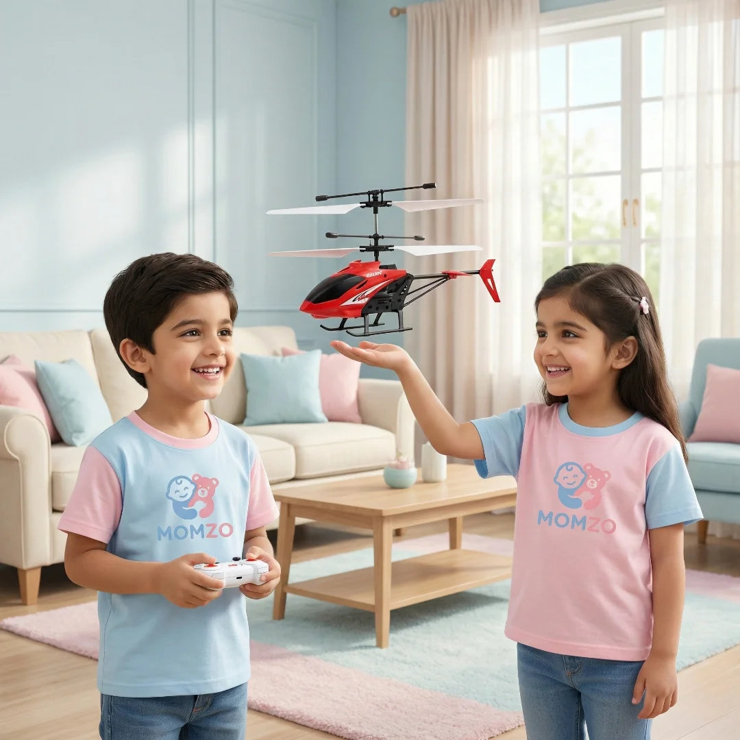 Kids Playing with Induction Helicopter Toy in Living Room