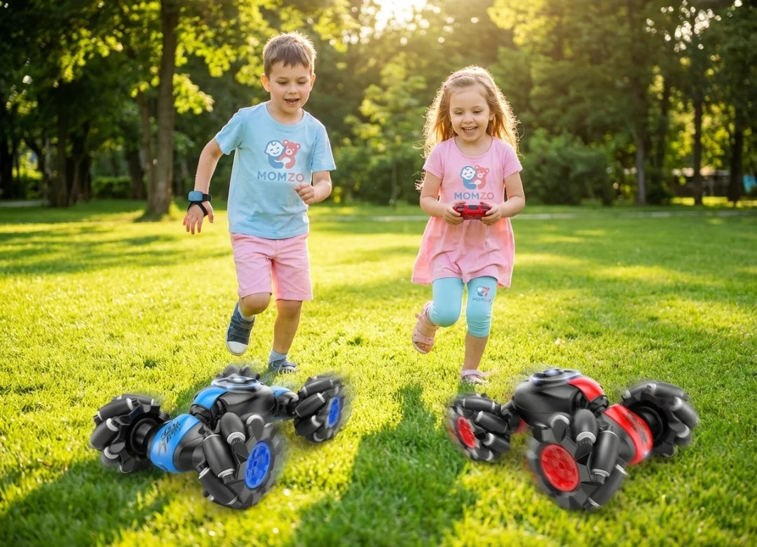 “Kids playing racing RC car toy with remote controller in the ground