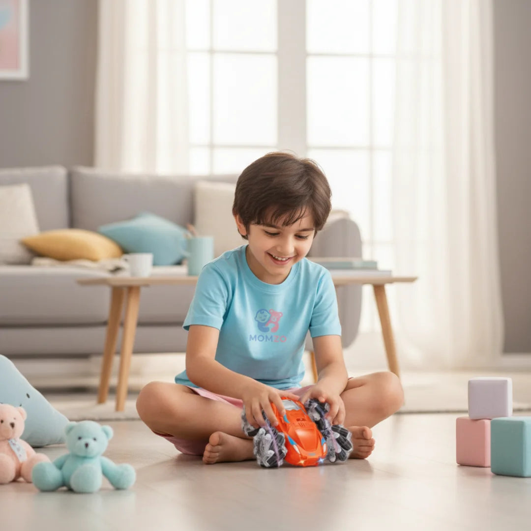 child playing with a double-side stunt RC car