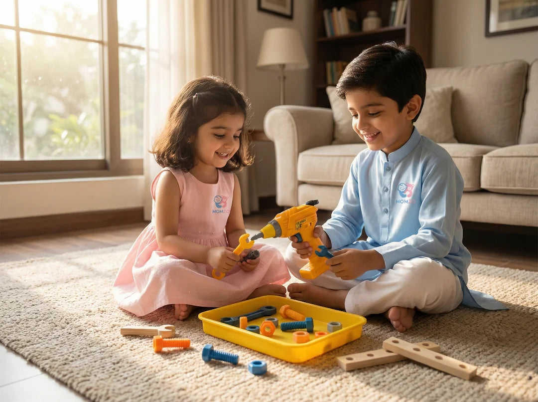 Kids Playing with DIY Drill Tool Construction Set