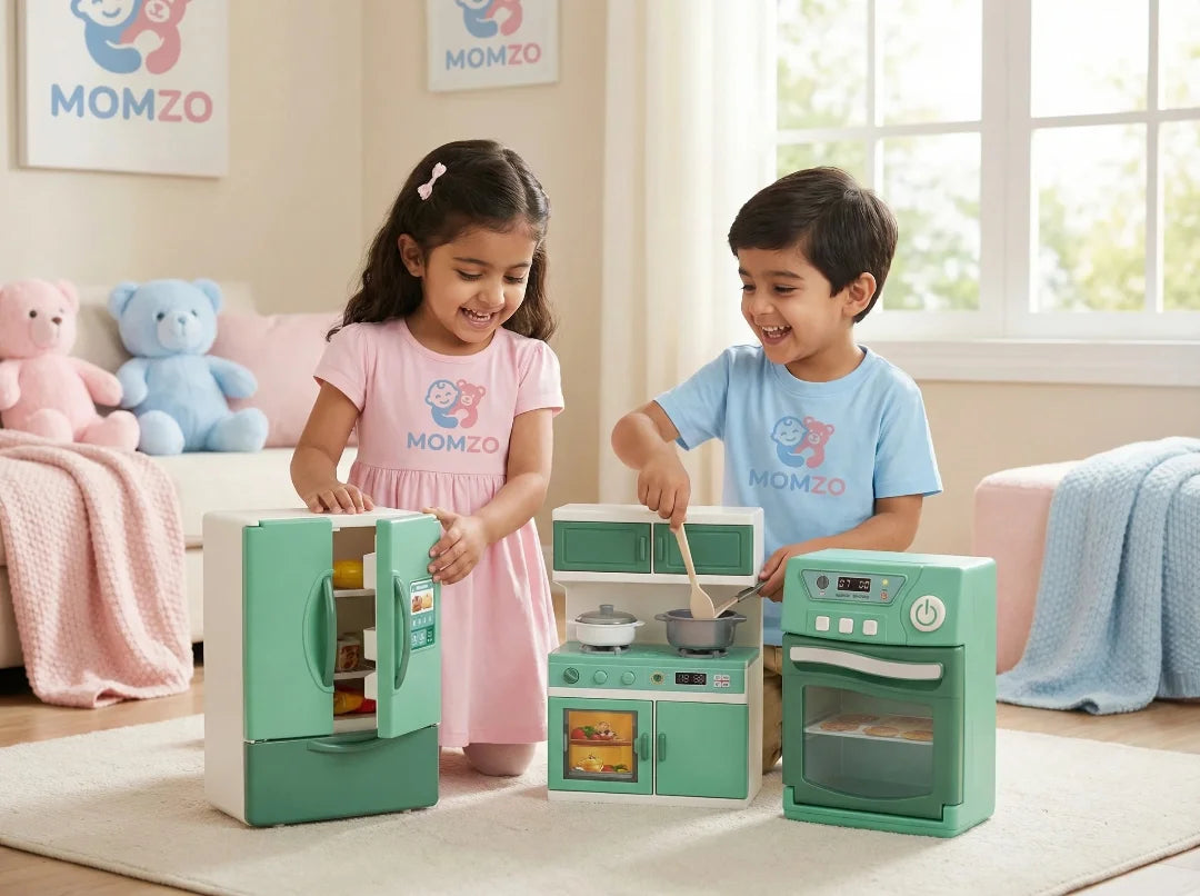 Children pretend cooking using Momzo kitchen toy set