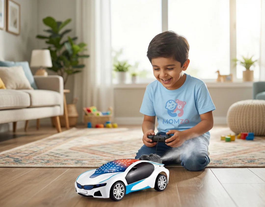 Boy playing with Limit Spray RC stunt truck toy indoors wearing Momzo outfit