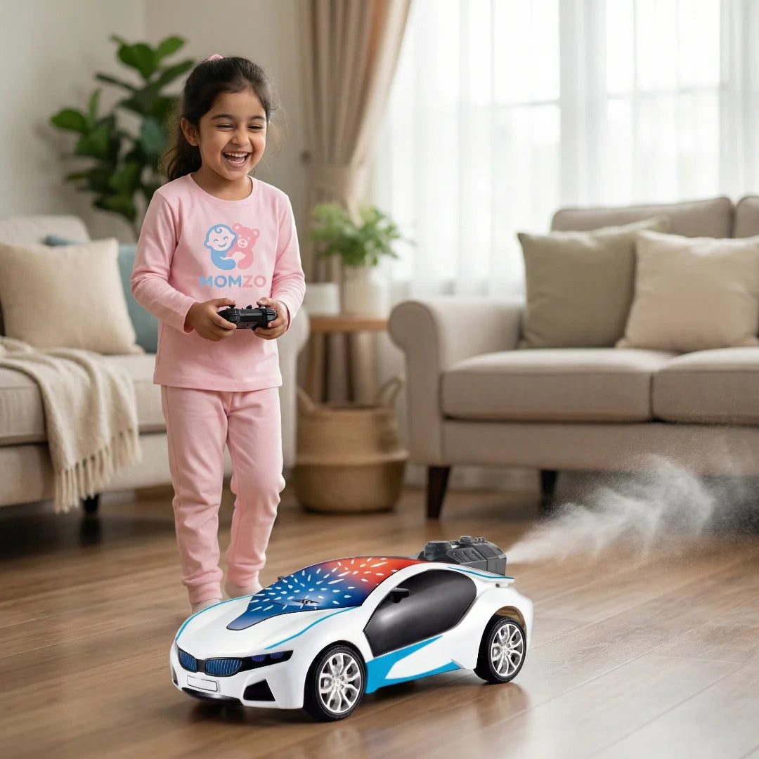 Girl controlling Limit Spray RC car toy with remote wearing Momzo dress