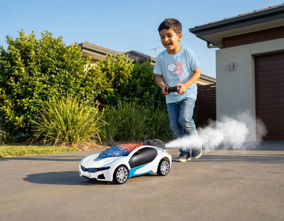 Child racing Limit Spray stunt RC truck toy outdoors with vapor spray