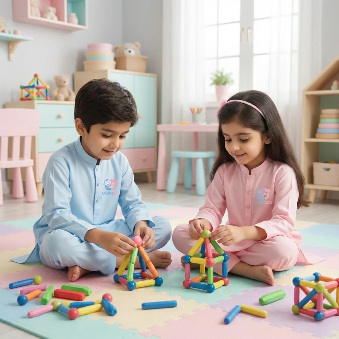 Kids building structures with magnetic blocks