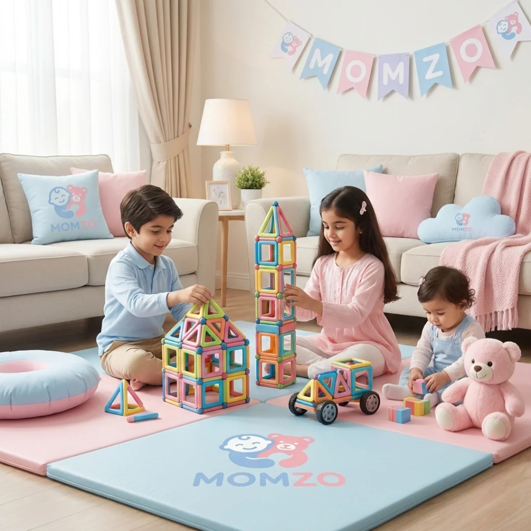 Kids building structures with magnetic blocks