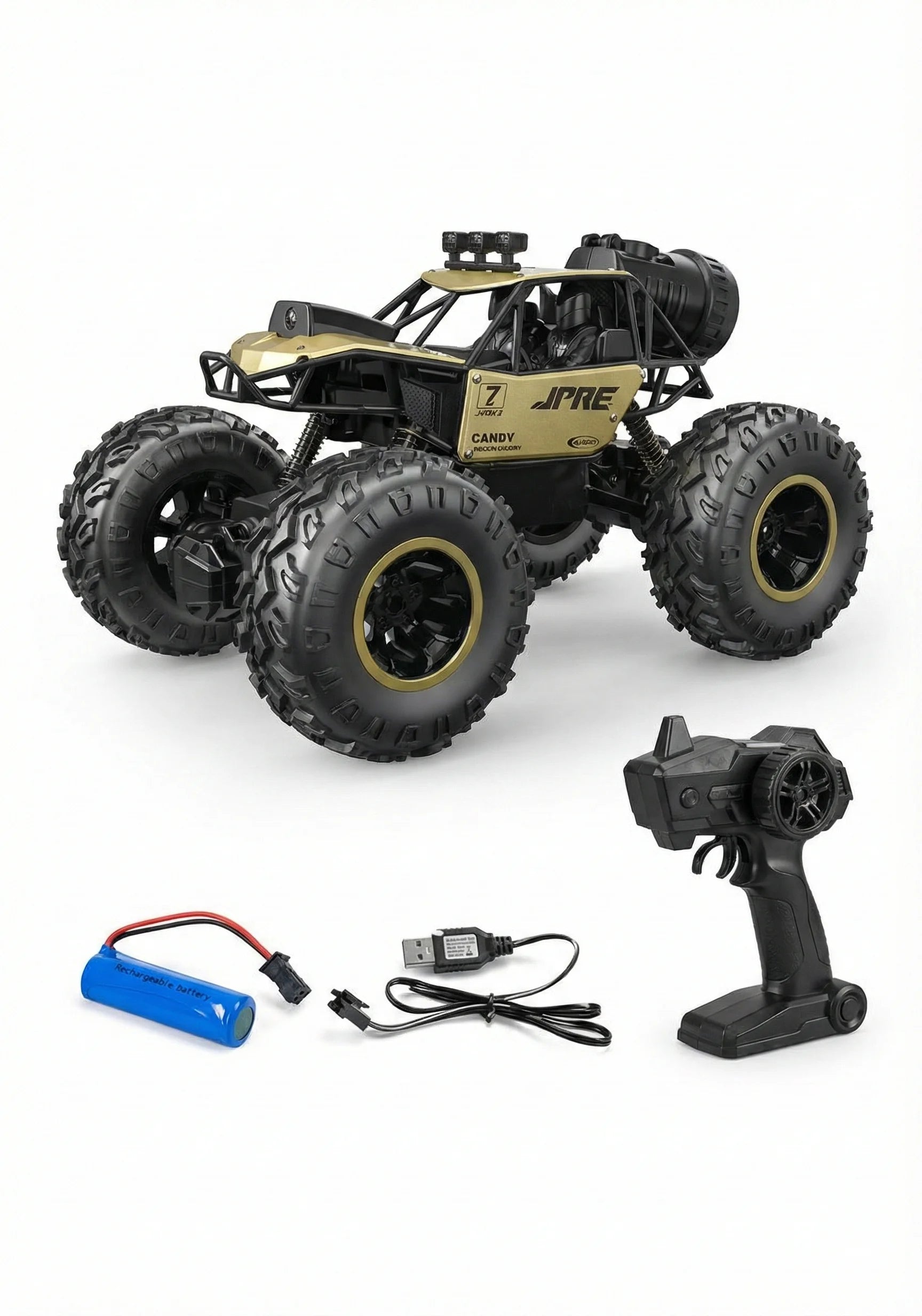 “RC car with remote, USB cable and battery accessories”