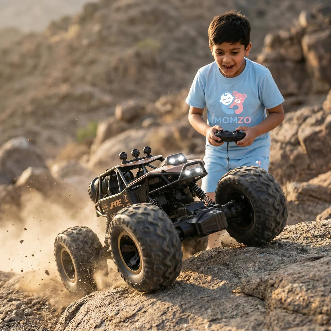 “Rock crawling RC car climbing stones action shot”