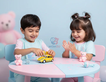 kid playing toy car with big eyes and sound for children