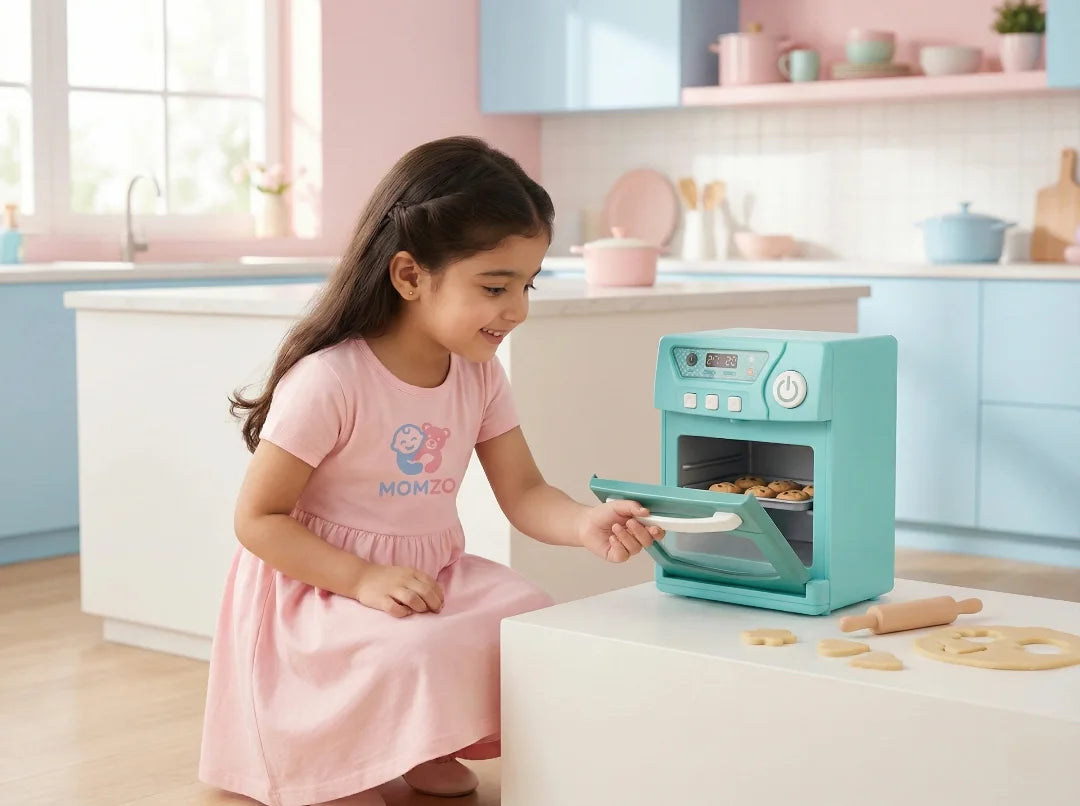Children pretend cooking using Momzo kitchen toy set