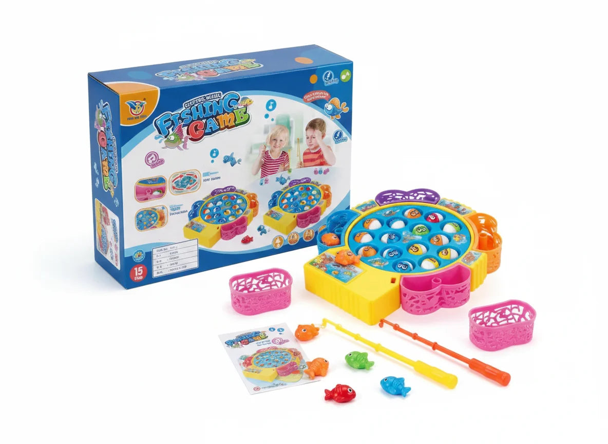 Fishing game for kids toy with 15 fish on rotating board wwith accesories