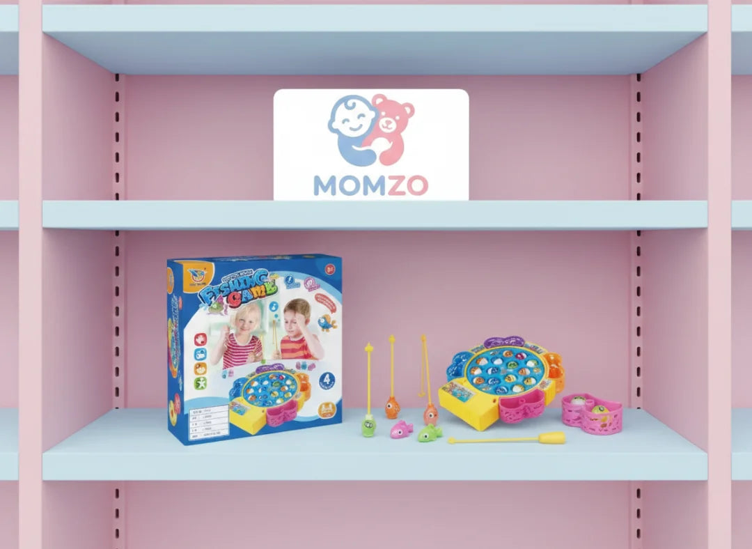 Fishing game toy components and fish pieces in the momzo shelf