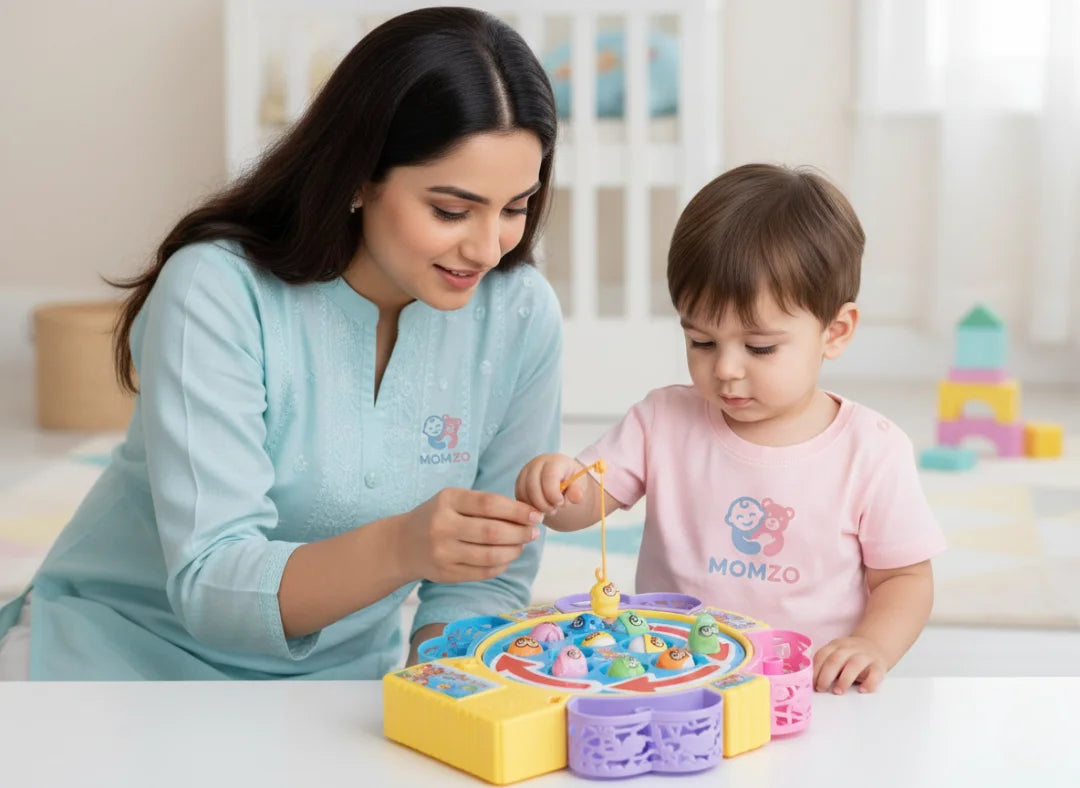 Kids playing witth mom fishing game Momzo theme