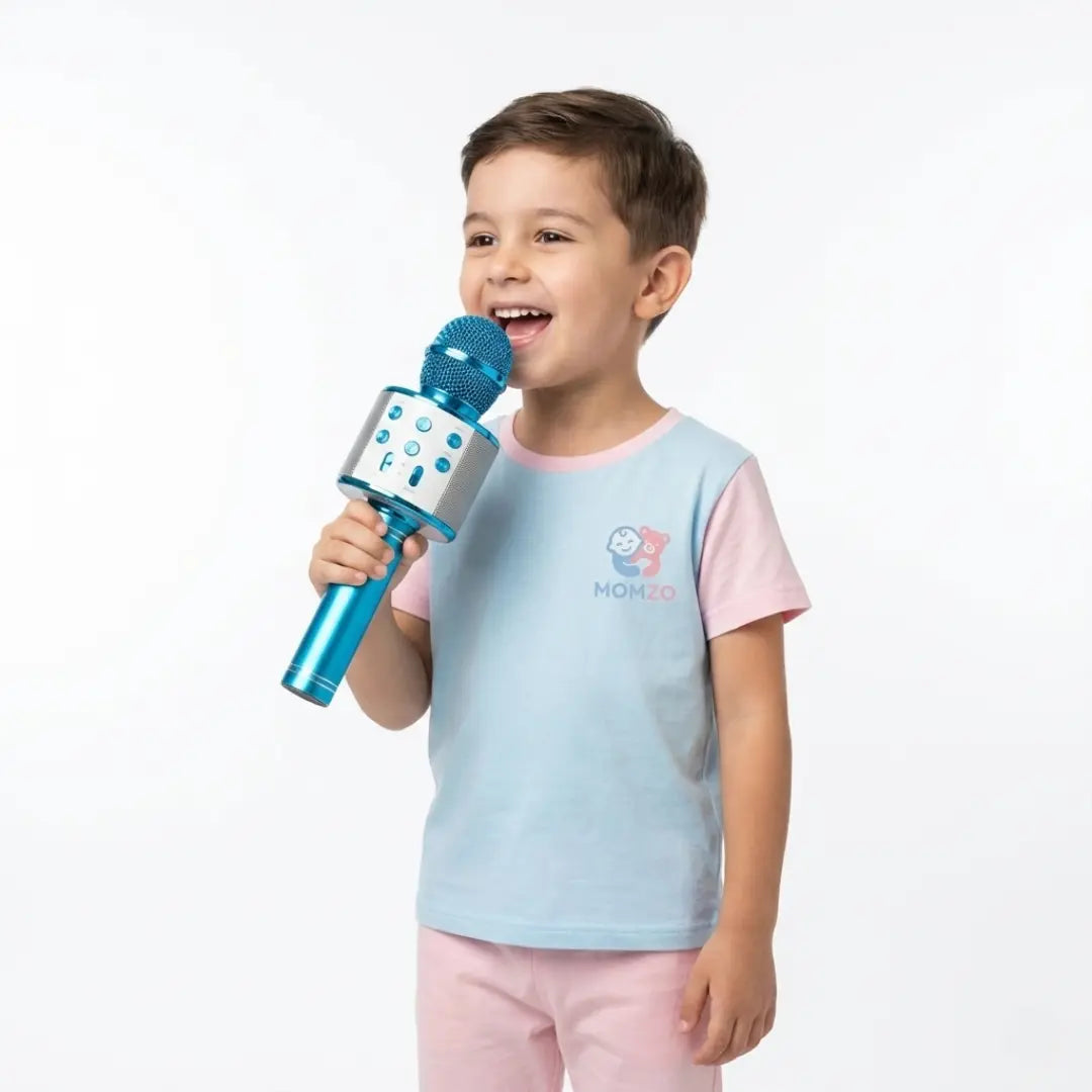 Momzo Kids Wireless Karaoke Microphone Blue boy Side View