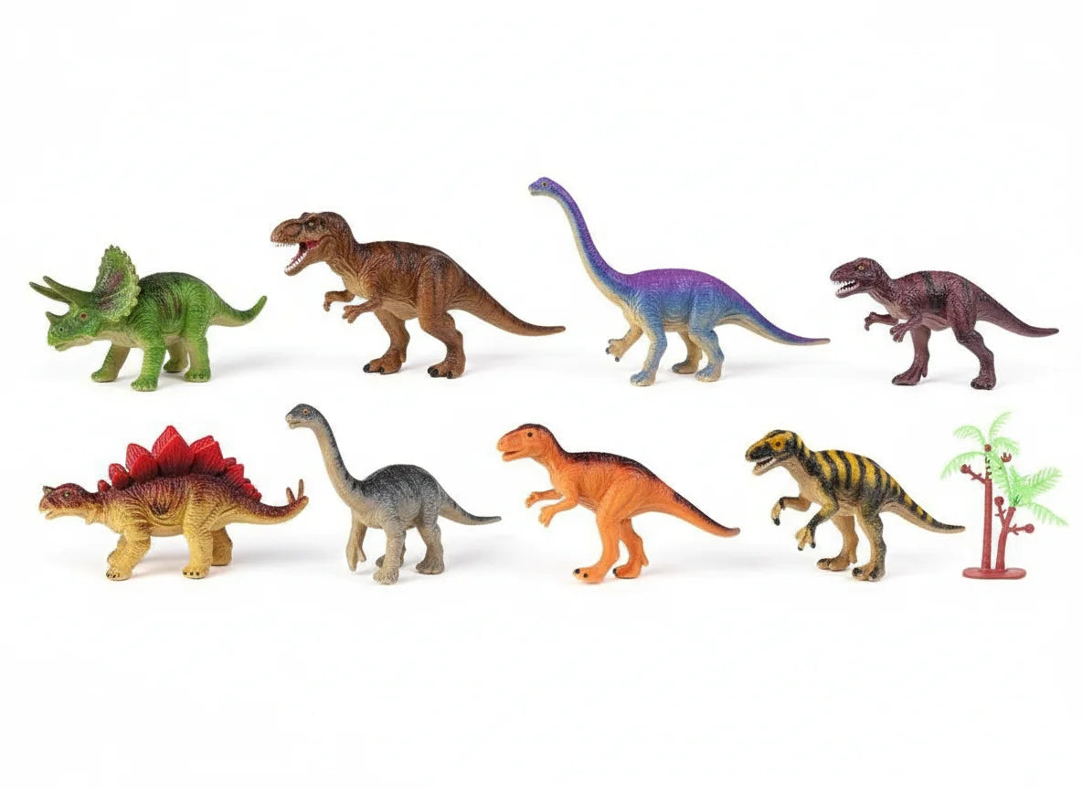 plastic dinosaur toy figures set side view