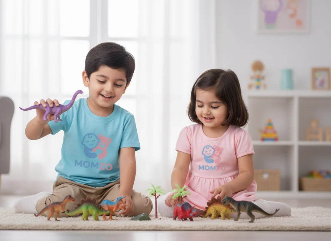 plastic dinosaur toy figures set kids playing together